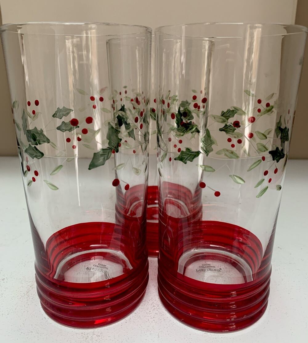 Set of 3 Pfaltzgraff Winterberry Cooler Glasses Holly Berries Etched Handpainted